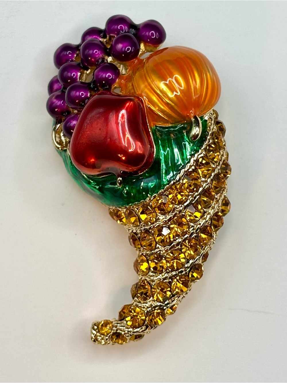 Vintage Monet Cornucopia Brooch Amber Rhinestone Enamel Thanksgiving Fall Pin